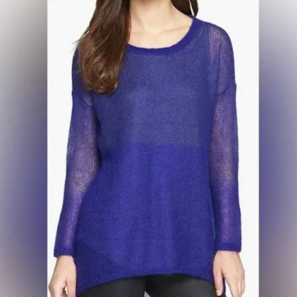 Eileen Fisher Mohair Blend Lightweight Rich Blue Crew Neck Sweater